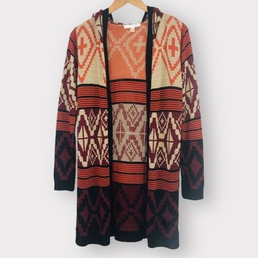 SAY WHAT Southwestern Cardigan Knit Boho Hooded Open Front XS Tan Multi